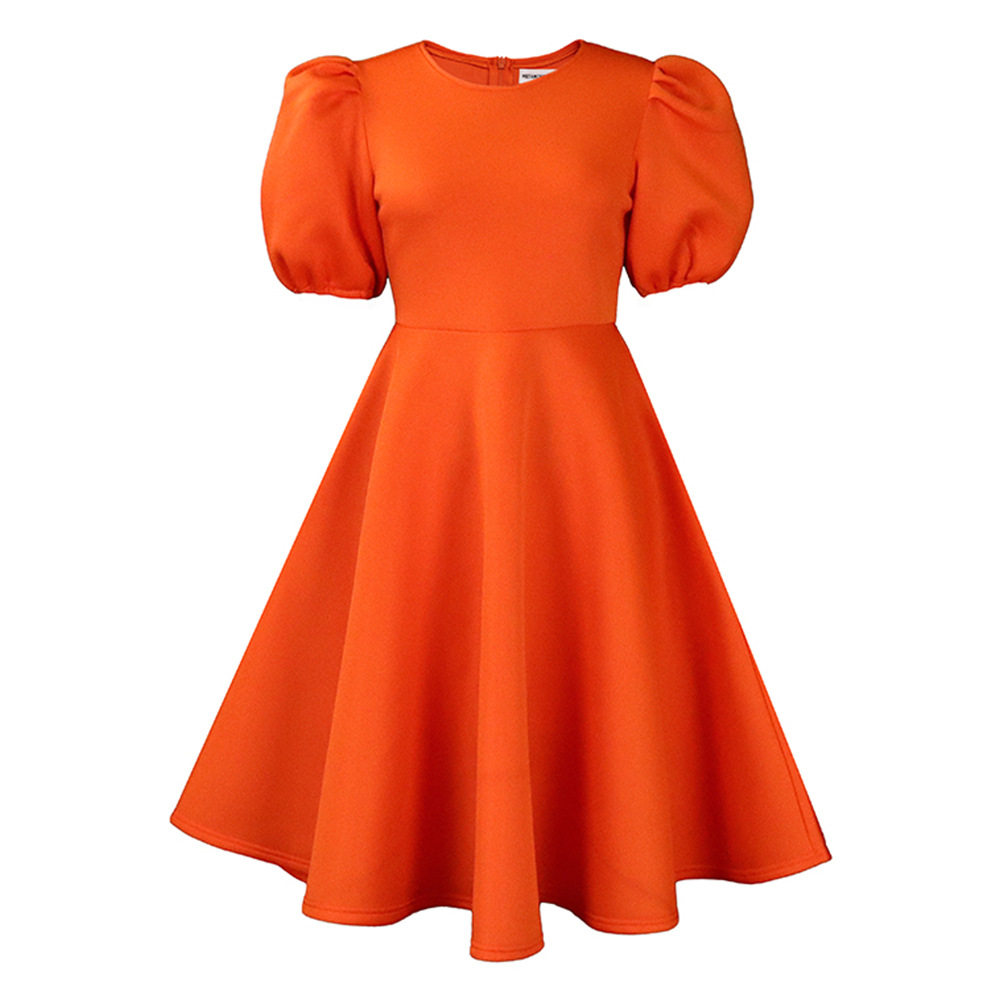 A Line Dress Round Neck Puff Sleeves Waist Defined Flowy Hem Elegant Evening Wear Wholesale Available