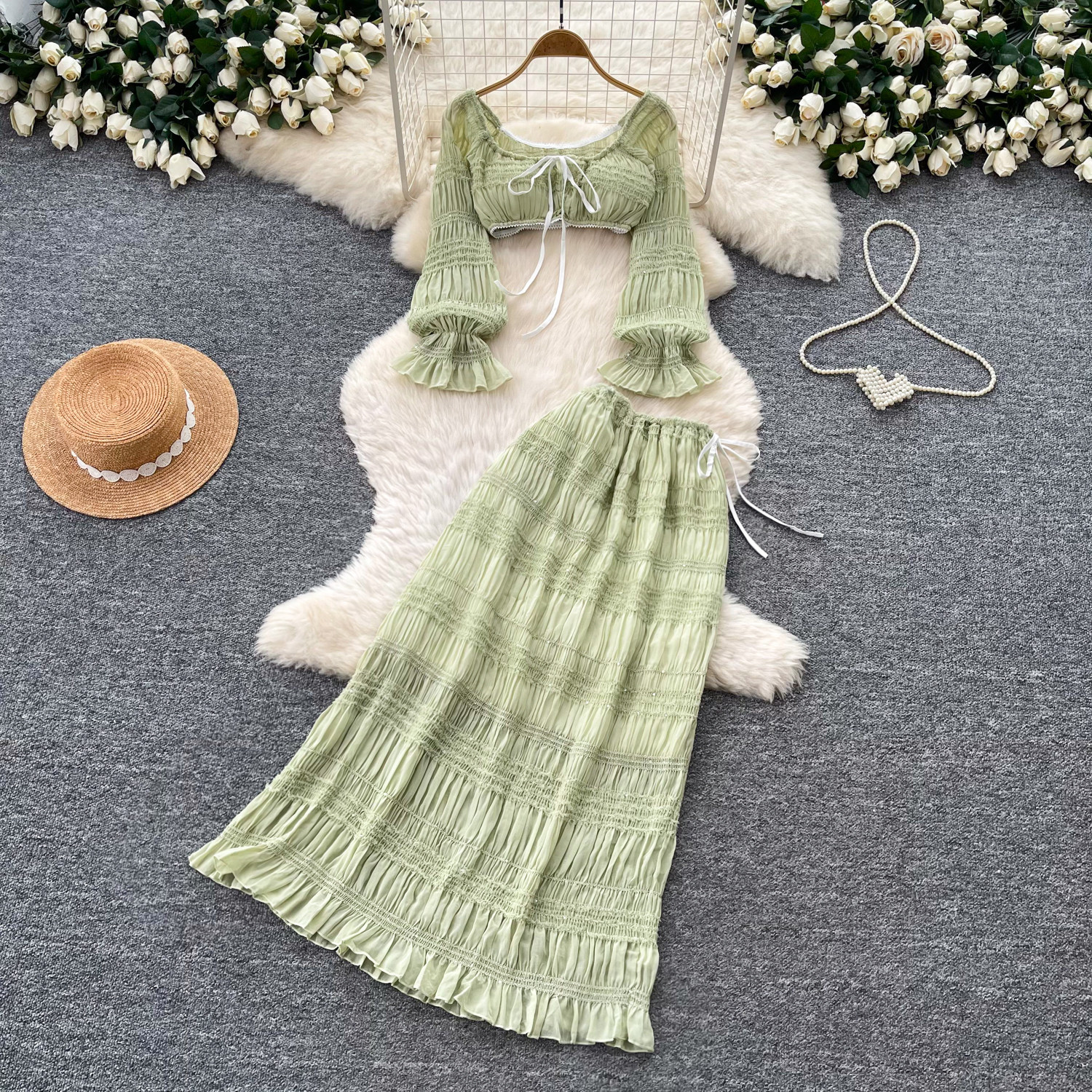 Off Shoulder Ruffled Top and High Waisted Cake Skirt Set French Vacation Style Slim Fit Elegant Look for Autumn