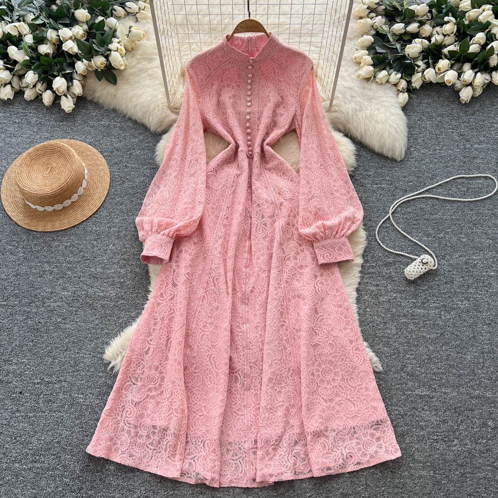 French Court Style Dress Elegant Lace Slim Fit Single Breasted Long Sleeve Autumn Fashion for Women Wholesale