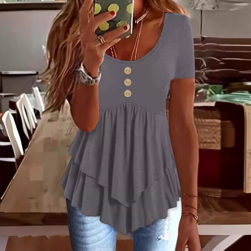 2025年新款亚马逊跨境欧美女装时尚三粒扣休闲纯色短袖连衣裙上衣