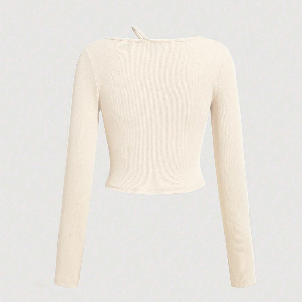 Womens Fitted Long Sleeve Knit T Shirt Asymmetrical Neckline Spring Summer Style Versatile Layering Top Wholesale