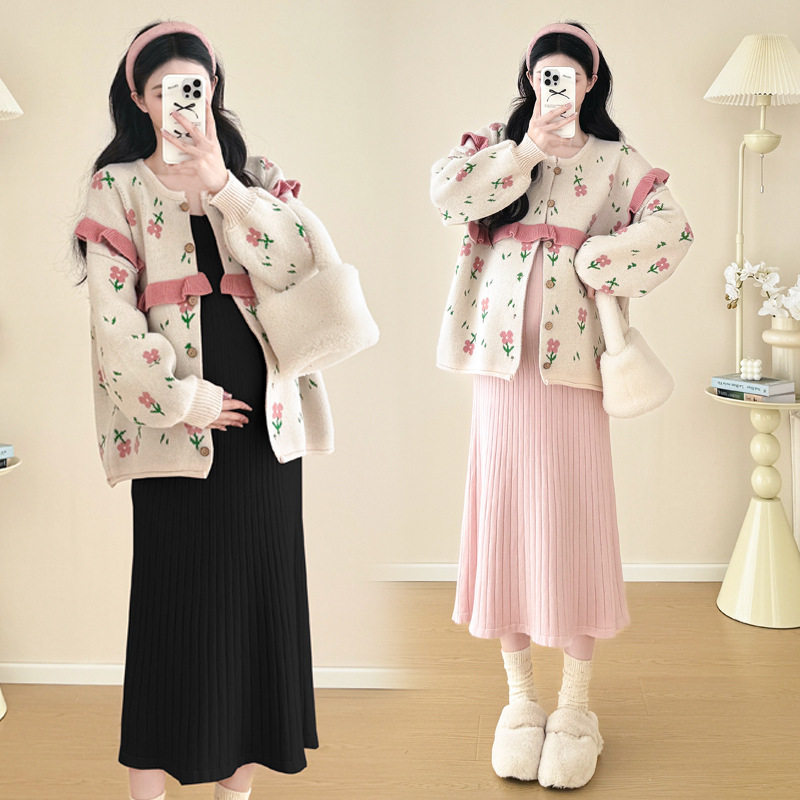 Autumn and Winter Suit 2024 New Sweet Knitted Bottoming Skirt + Flower Jacket Cardigan Two Pieces…