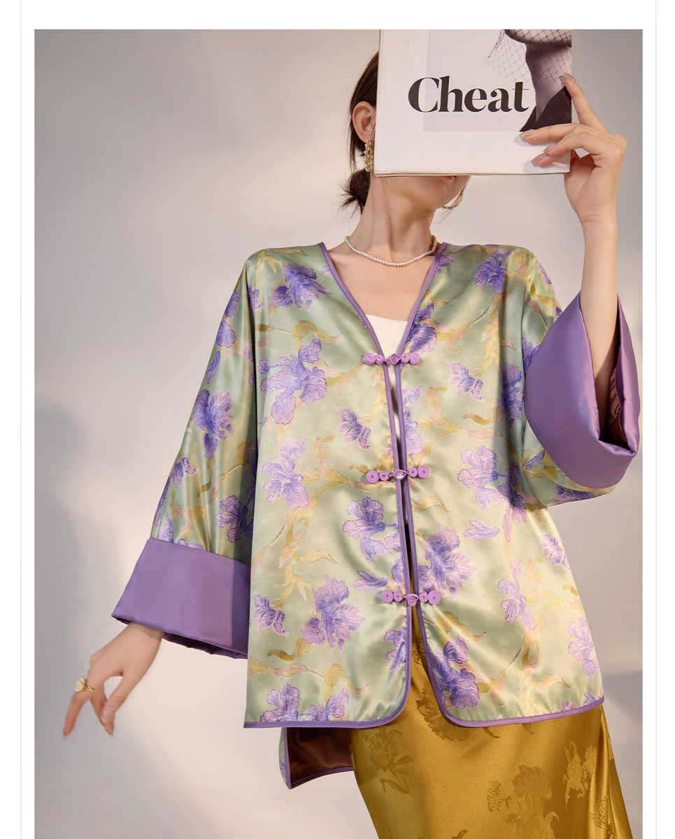 Áo khoác nữ dài tay họa tiết hoa in nhẹ nhàng thanh lịch — Màu tím (giao hàng trong 7 ngày), Màu tím (vận chuyển trong cùng ngày)