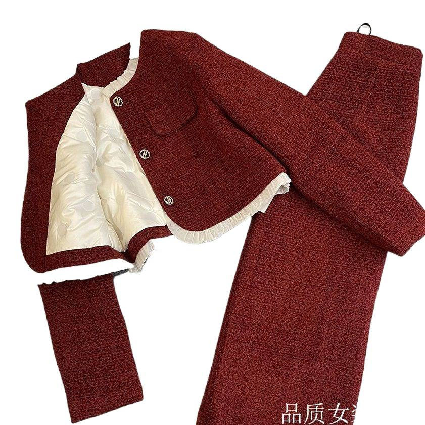Tweed Style Down-Lined Short Jacket Women's Half-Length One-Step Skirt Two-Piece Set Women's Autumn and Winter New Suit Skirt Women
