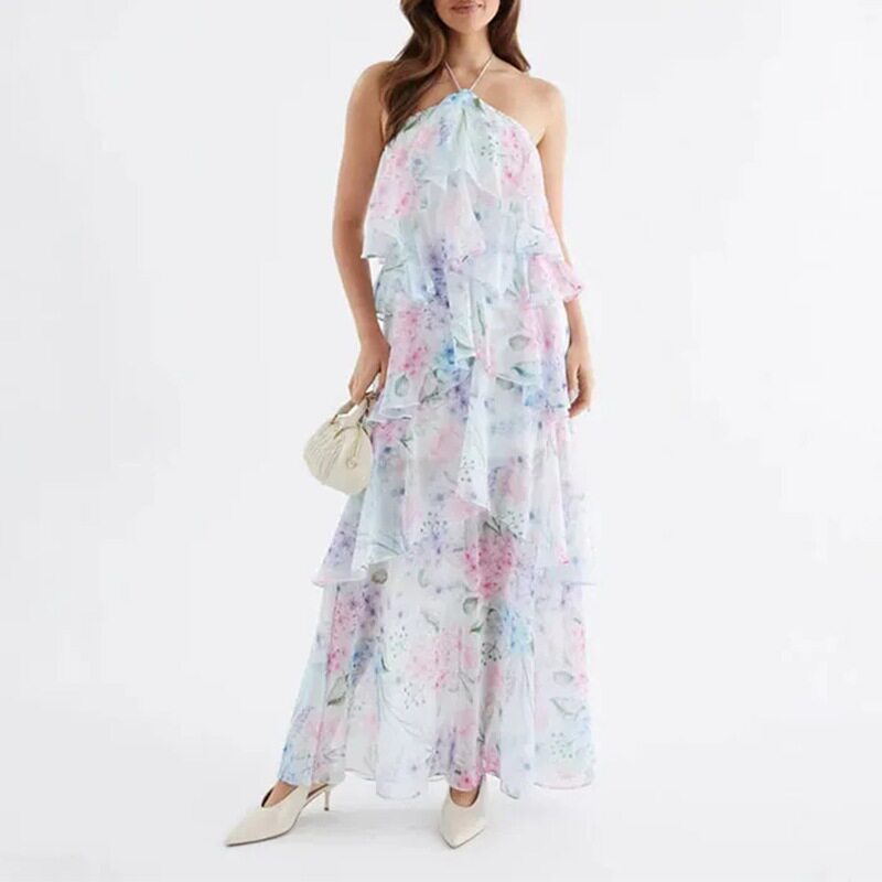Womens Summer Maxi Dress Elegant Casual Loose Fit Floral Print Backless Perfect for Beach or Garden Parties