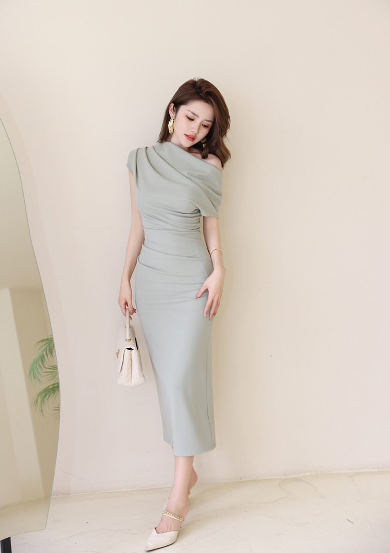 Đầm ôm body nữ dáng dài tay ngắn, cổ chéo, thiết kế eo ôm, phong cách Pháp — [Đen], [Xanh bạc hà], [Màu mơ], [Đỏ rượu vang] chi tiết 34