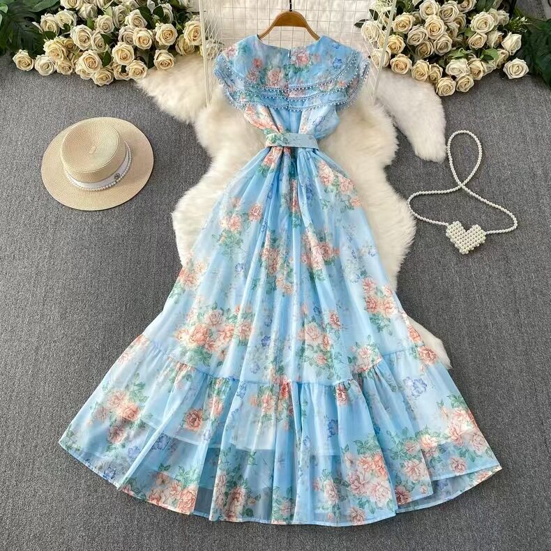 Vintage Floral Print Doll Collar Dress for Women Sweet Double Layer Lace Trim Ruffled Hem Waist Defined Spring and