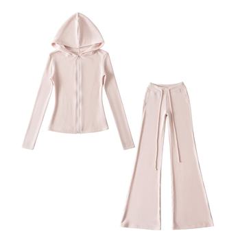 Autumn New Fleece Slim-Fit Zip-Up Hooded Sweatshirt Cardigan Casual Slimming Flared Pants Sports Suit