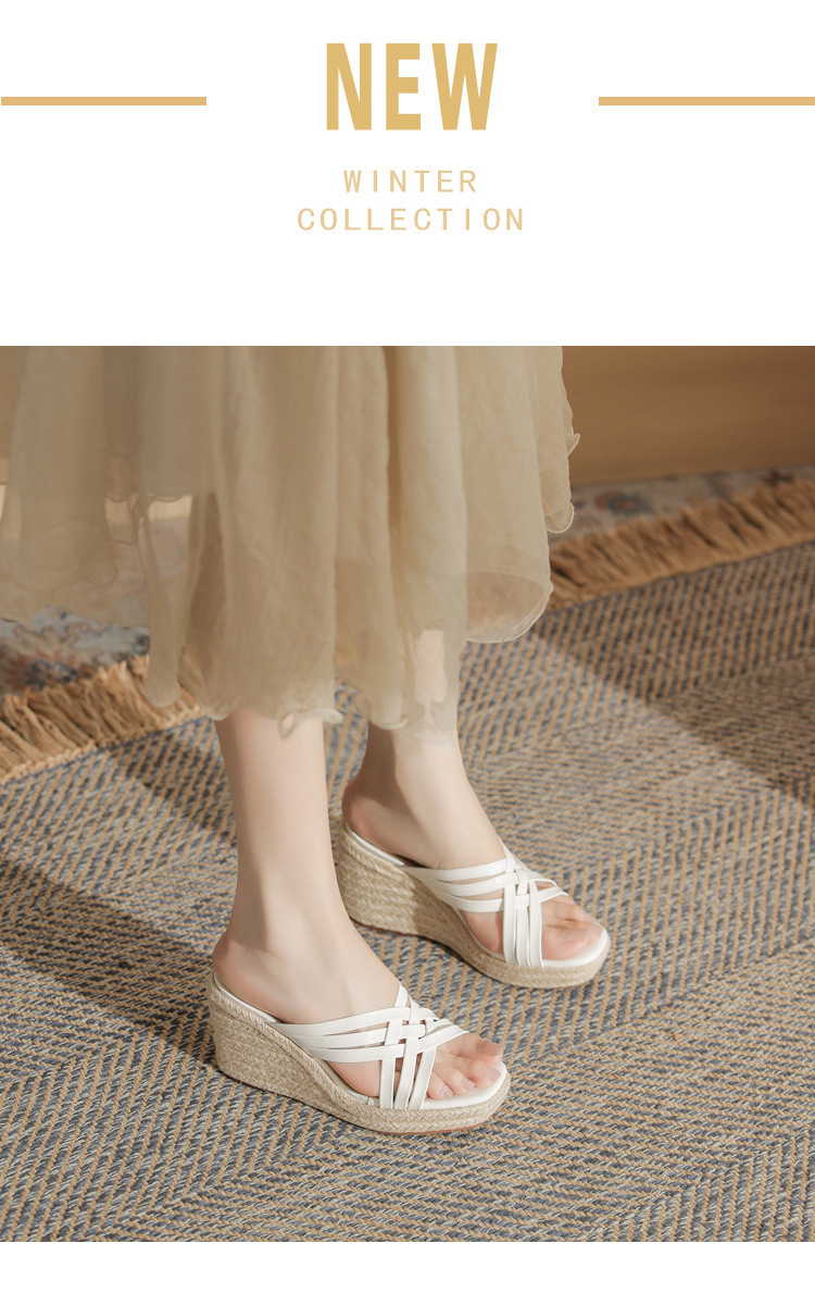 Sandal nữ quai ngang đế xuồng cao 9cm mũi hở phối quai bện — Màu bạc, Màu trắng