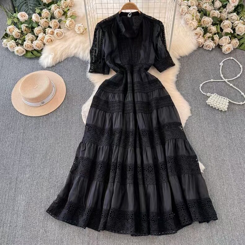 French Elegant Lace Patchwork Dress Summer Long Dress with Puff Sleeves Vacation Wear for Women OEM Available