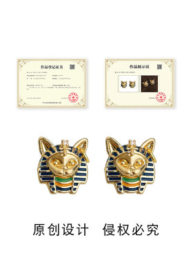 原创中古风埃及猫头法老镀银针镀14K珐琅滴釉彩绘耳钉工厂耳饰女