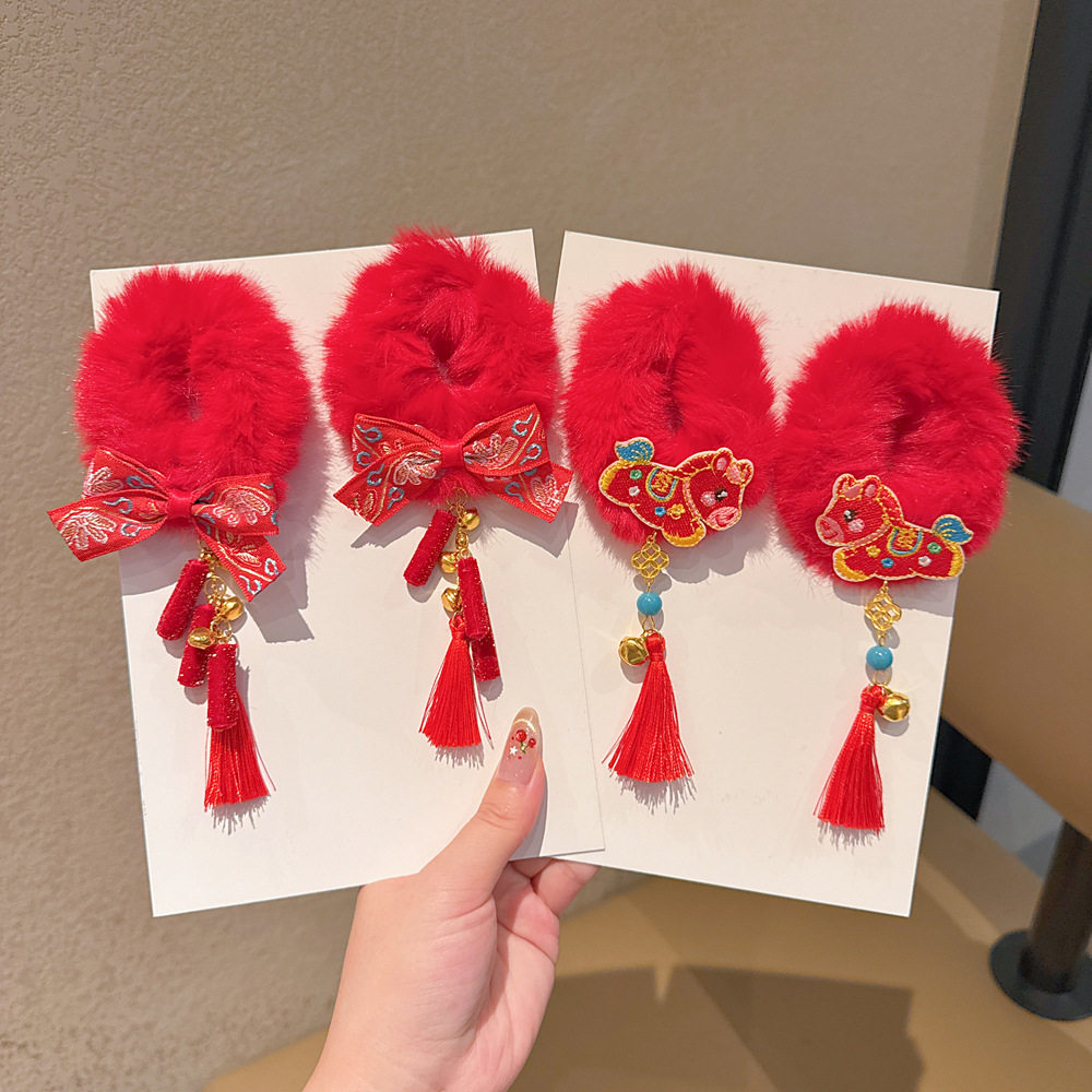 Children's New Year's Red Headwear, Girl's Tassel Hair Tie, Ball Hair Rope, Little Girl's New Year's Eve Festive Headband