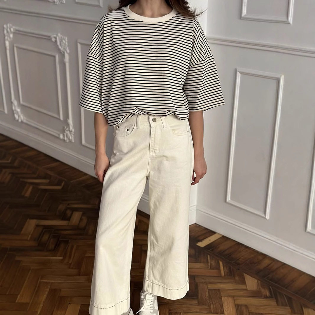 Womens Black and White Striped Short Sleeve T Shirt Color Block Loose Fit Round Neck Casual Top Spring Summer