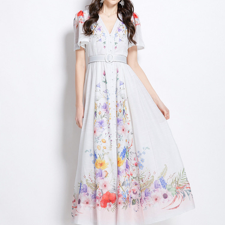 French Style Womens Dress Elegant Deep V Neck Single Breasted Flutter Sleeves Waist Cinching Floral Print