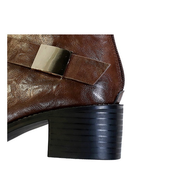 Boot nữ cổ thấp gót vừa mũi nhọn khóa kim loại phong cách Âu Mỹ — Lớp lót nhung đen, Lớp lót nhung màu nâu sẫm, Màu đen, Màu nâu đậm
