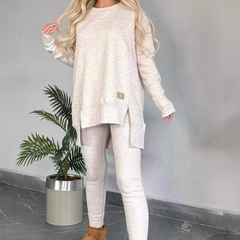 2024 Amazon Independent Station Cross-Border Autumn and Winter Popular Women's Tops Slit Long-Sleeved Round Neck Casual Pure Color Suit