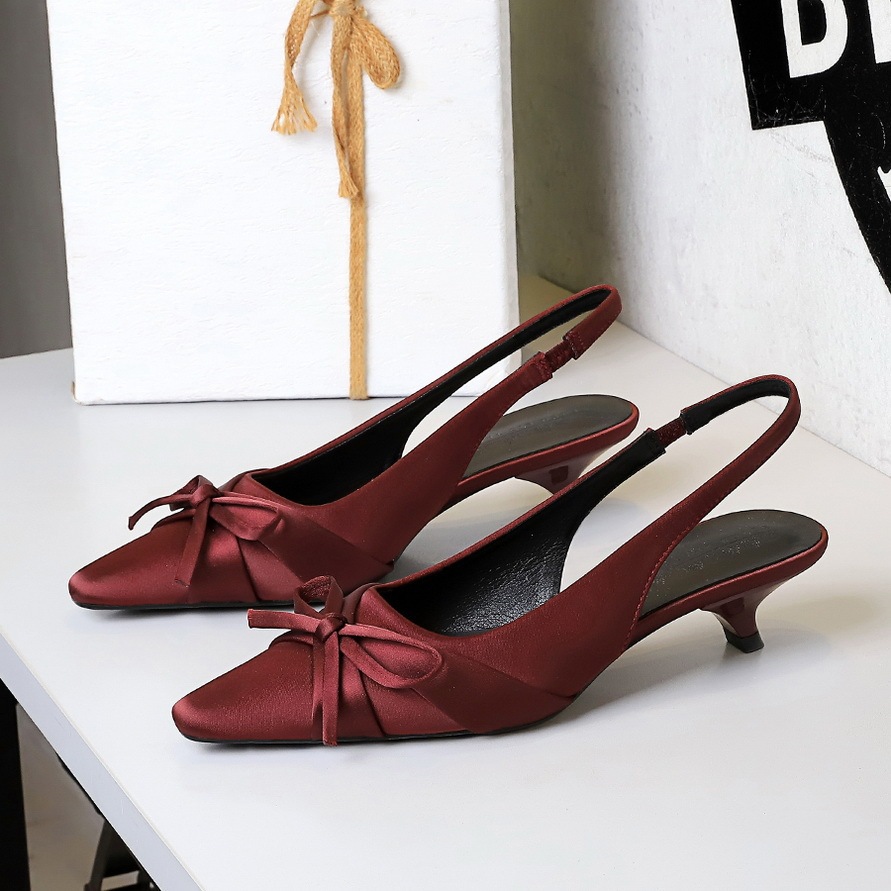 Giày cao gót mũi nhọn lụa satin thắt nơ quai hậu nữ tính — Màu đen, Màu đỏ rượu, Màu sâm panh