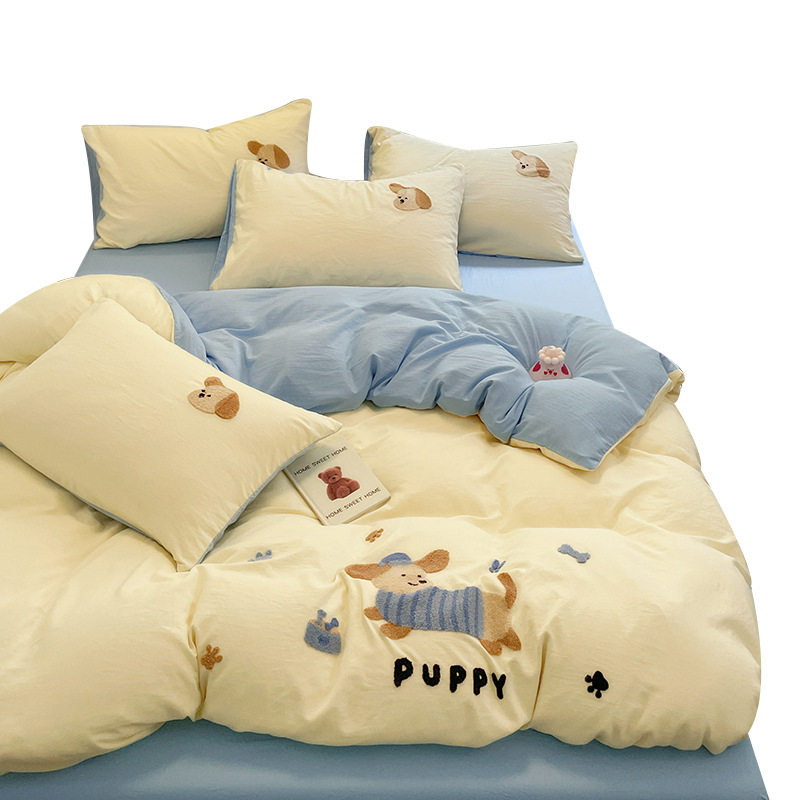 Class A Bedding Four-piece Solid Color Cotton Cartoon Towel Embroidered Quilt Cover Skin-friendly Washable Cotton Student Dormitory Cute Kit