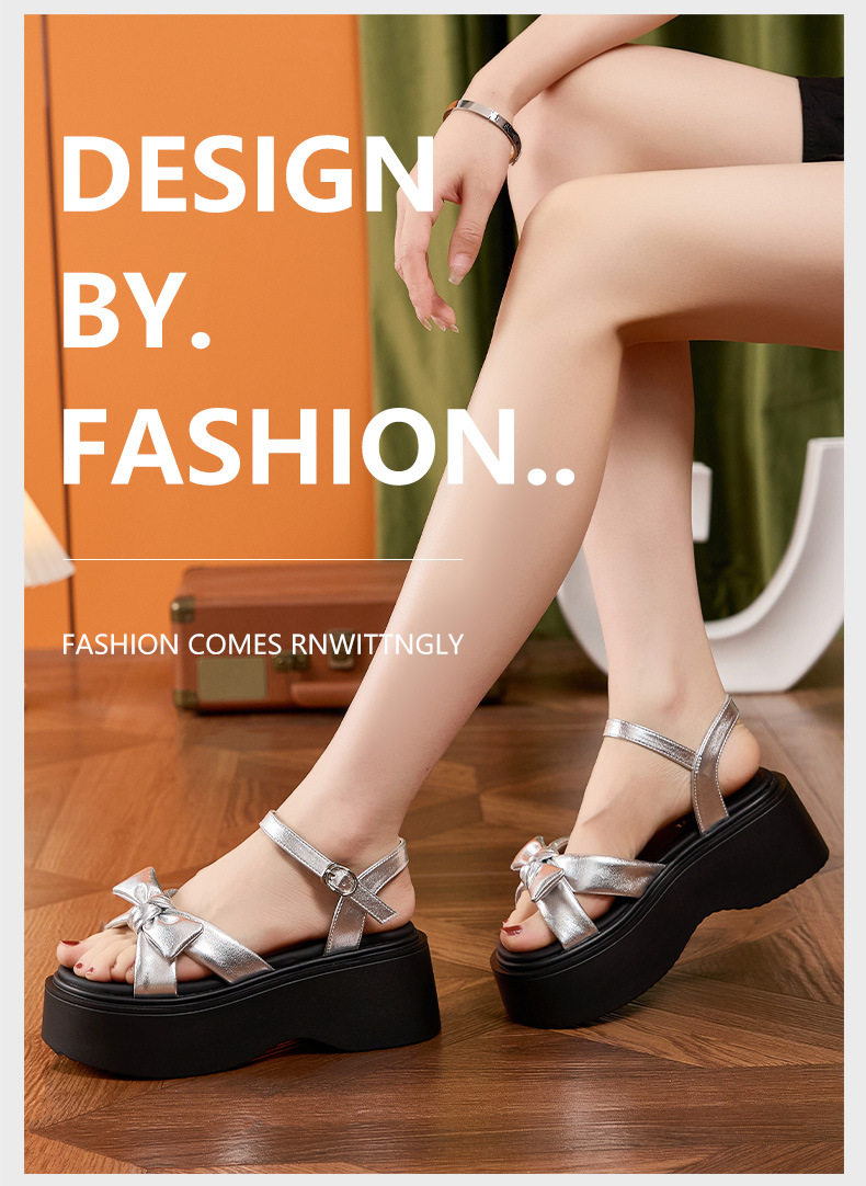 Dép sandal nữ xỏ ngón đế bệt phong cách hè nơ trang trí — Bạc, Đen chi tiết 10