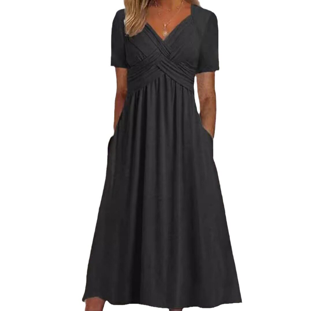 Womens Solid Color V Neck Short Sleeve Dress Trendy Design Comfortable Fabric Perfect for Fall Wholesale Available