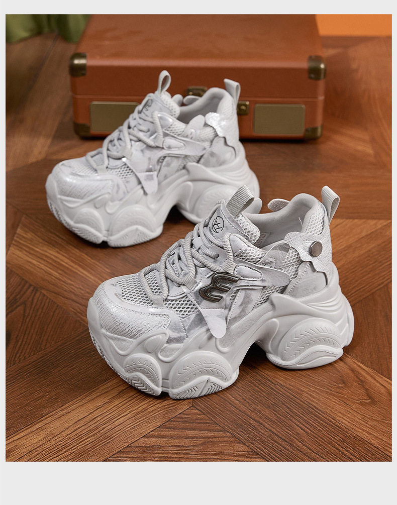 Giày sneaker nữ chunky đế dày lưới thoáng khí, gót siêu cao 8 cm — Xám, Trắng chi tiết 18