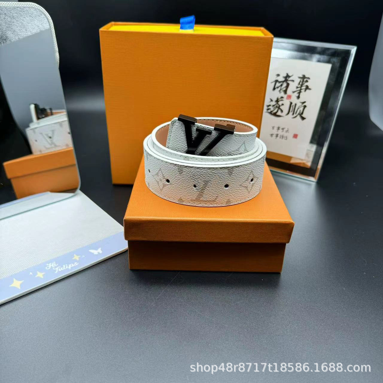 New L Men's Belt Smooth Buckle V Letter Belt Youth Plaid Trouser Belt Trendy Casual Business Belt