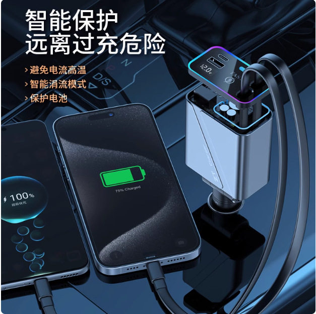 Cross-Border New Product 192W Car Charger Super Fast Charging Car USB Interface Cigarette Lighter Adapter One to Four
