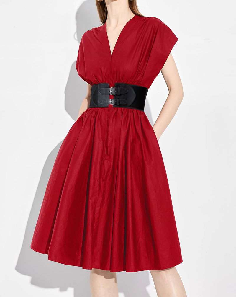 Đầm maxi nữ thắt eo cổ V tay ngắn — Đỏ chi tiết 2