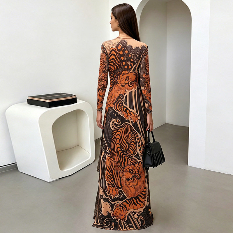 Womens Spring Fashion Unique Street Style Printed Mesh Half Turtleneck High Slit Long Top Wholesale Available
