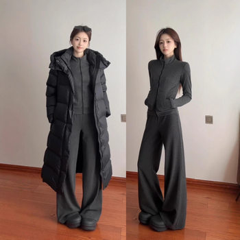 Gray Hooded Sweatshirt Sports Suit for Women, High-End Slimming Look Knitted Casual Boot-Cut Pants Two-Piece Set for Autumn and Winter