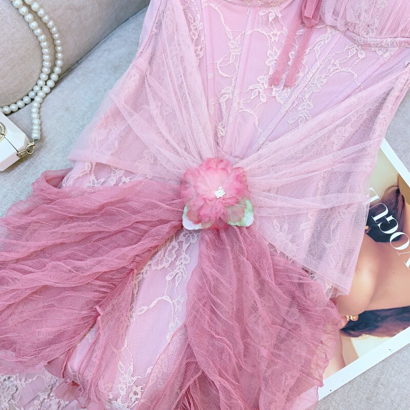 Đầm dây maxi nữ ren lưới phối nơ thắt eo dáng suông — Hồng phấn hồng phấn