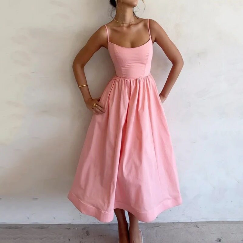 Elegant Womens Midi Dress Slim Fit Low Cut Spaghetti Straps Flared Skirt Office Wear or Evening Event Wholesale