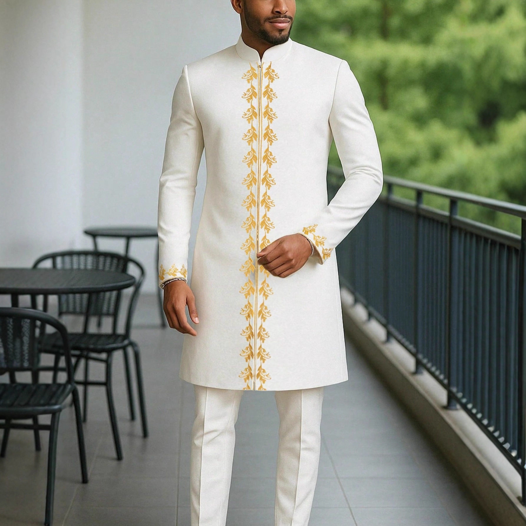 传统外贸非洲风格男士结婚新西装2件套圆领长袖上衣加裤子外贸