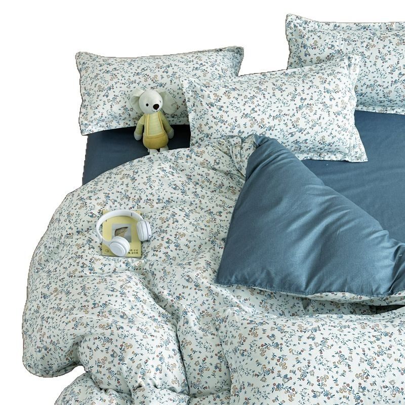 Four-Season Universal Small Floral Four-Piece Set Pure Washed Cotton Quilt Cover Student Dormitory Single and Double Three-Piece Bedding Set
