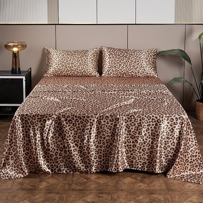 Foreign Trade Cross-Border Amazon Satin Imitation Silk Printed Bed Sheet, Fitted Sheet, Pillowcase Digital Print Leopard Print Four-Piece Set