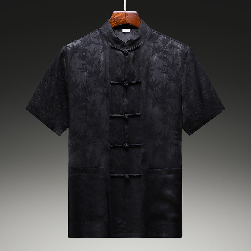 &Aacute;o Sơ Mi Tay Ngắn Nam Lụa Tơ Tằm Hương V&acirc;n Sa Cổ Điển Khuy N&uacute;t T&agrave;u Phong C&aacute;ch Trung Hoa M&agrave;u Đen