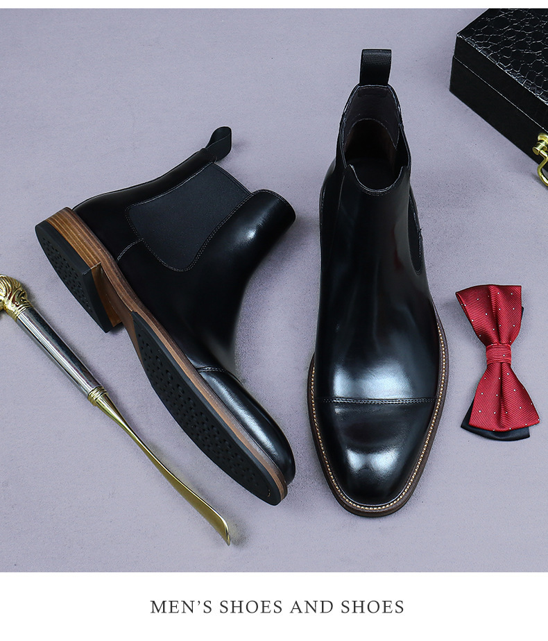Boot Chelsea nam da bò cao cấp cổ thấp phong cách công sở — Màu nâu cộng với nhung, Màu đen, Lông cừu đen, Màu cà phê