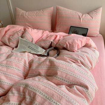 Langsi Textile Stripesd Plaid Cotton Washed Cotton Four-Piece Quilt Cover Bed Simple Cotton Yarn-Dyed Jacquard Bedding