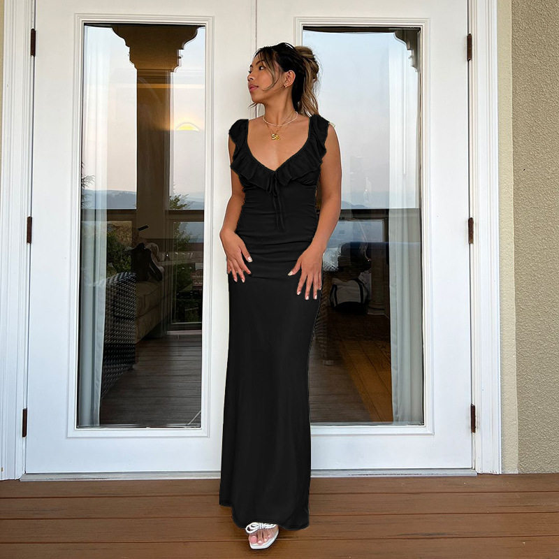 YJ24657P欧美跨境性感荷叶边系带修身连衣裙2025夏季新款礼服女装