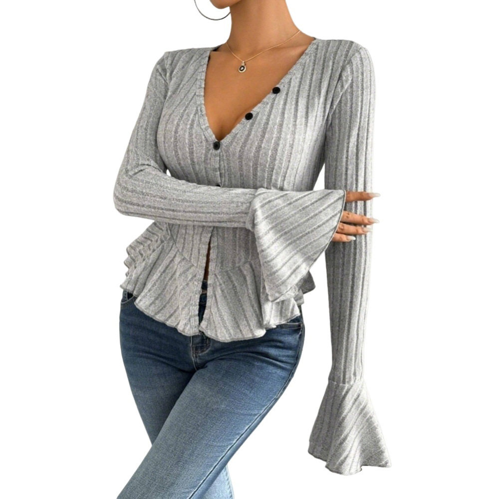 Elegant Womens T Shirt V Neck Ruffle Hem Slim Fit Spring Summer Fashion Wholesale Available
