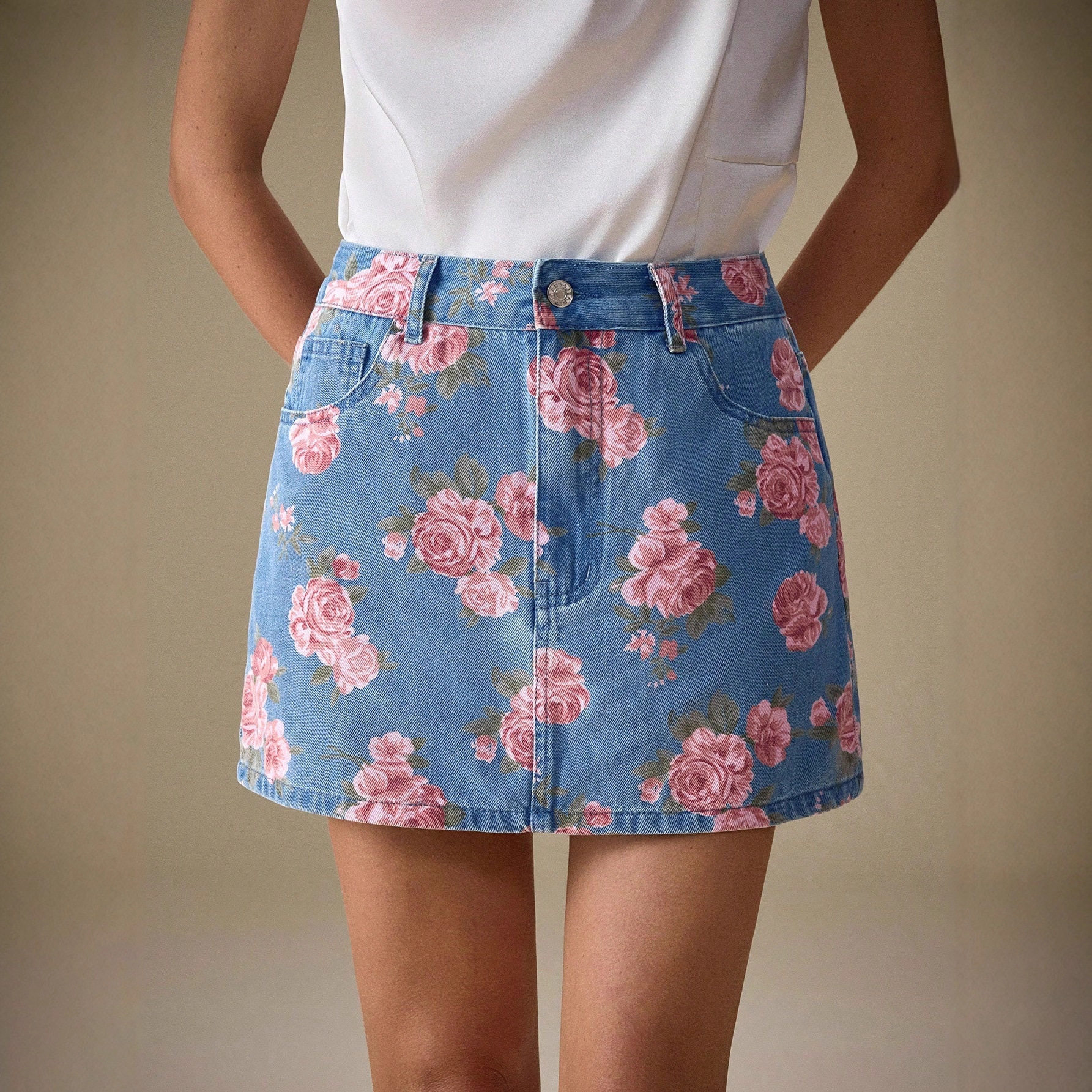 Floral Print Denim Mini Skirt Casual Style Versatile Design Fashionable Rose Pattern Perfect for Spring Summer