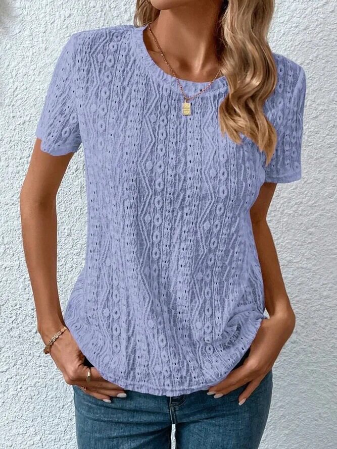 Womens Summer T Shirt Comfortable Fresh Sweet Hollow out Design Round Neck Short Sleeve Casual Wear