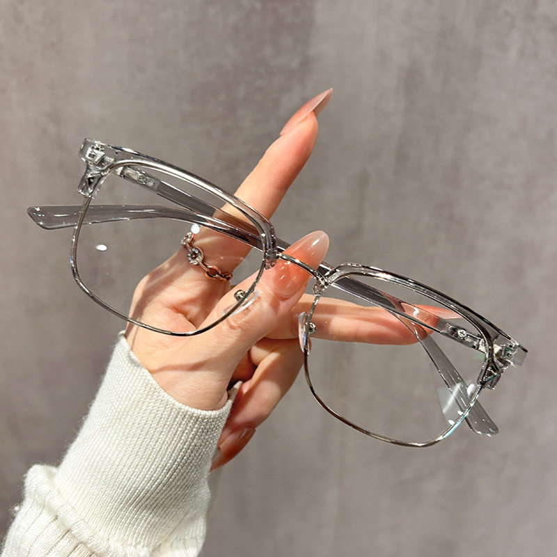 Cross-Border New Men's Retro Half-Frame Glasses with Gray Eyebrow Line Large Frame Anti-Blue Light Glasses for Women with Color-Changing Frames