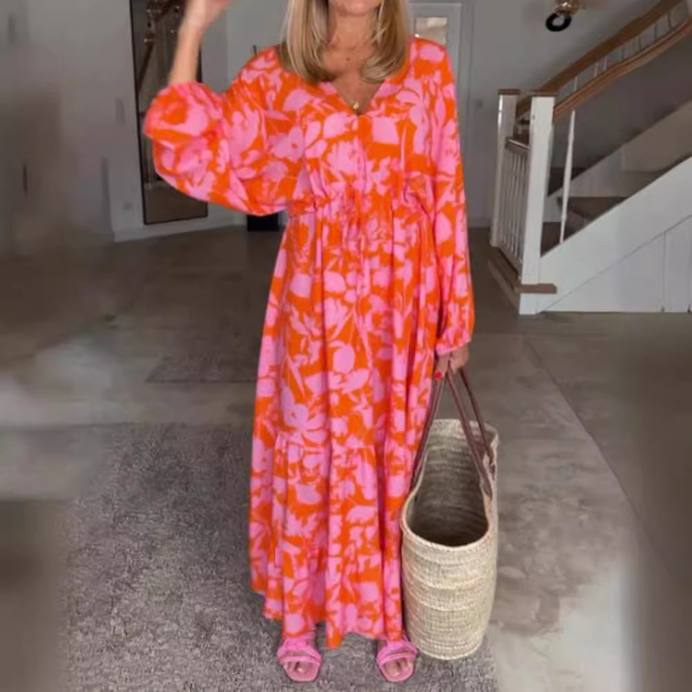 Summer Casual Loose V Neck Long Sleeve Dress for Women Floral Print Perfect for Daily Wear or Vacation Wholesale
