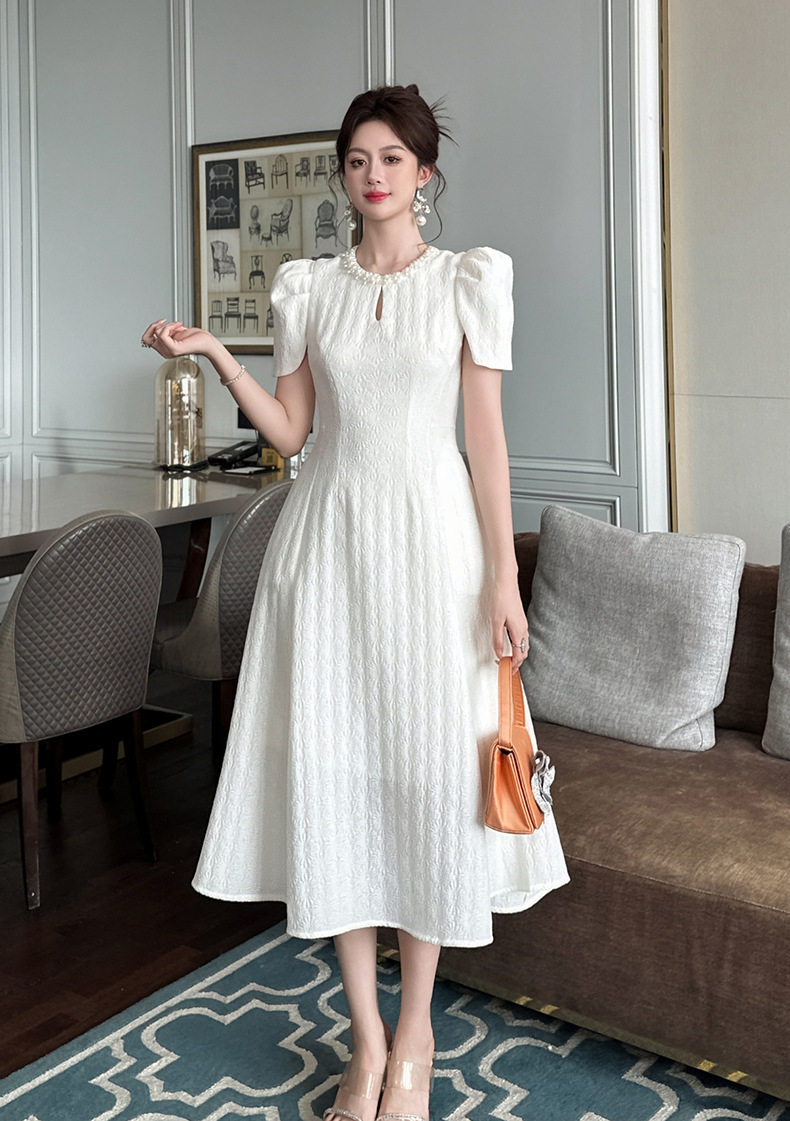 Đầm maxi nữ cổ tròn tay ngắn eo cao chân váy xòe rộng — [Trắng kem] chi tiết 1