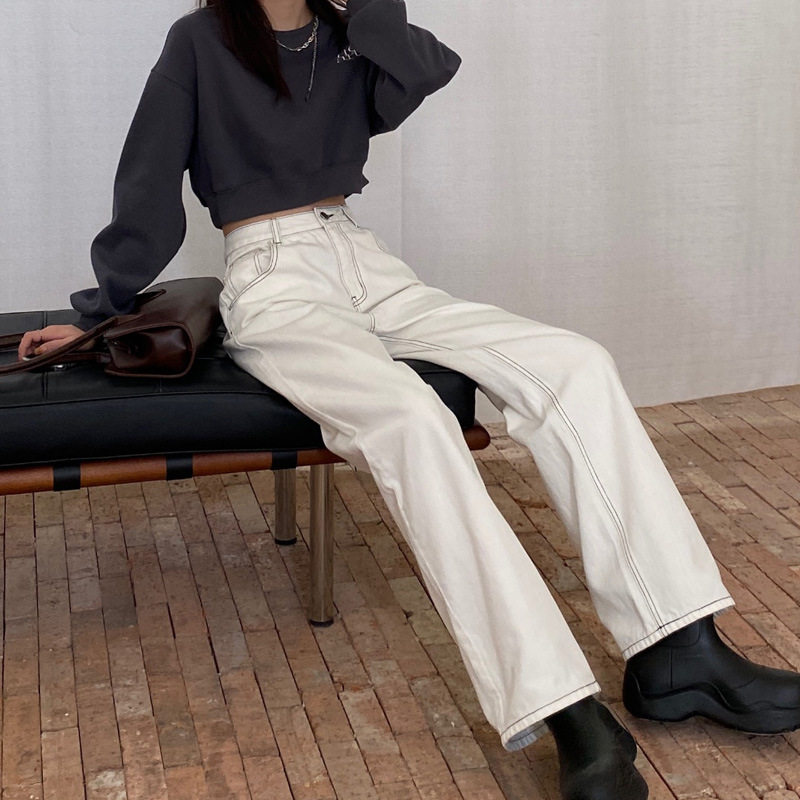 High Waisted White Denim Jeans for Women Vintage American Style Loose Fit Straight Leg Casual Spring and Autumn Wear