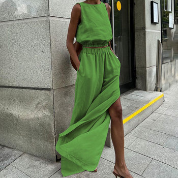 Cotton and Linen Sleeveless Vest Slit Wide-Leg Pants Pants Suit 2025 European and American Spring and Summer Casual Fashion Two-Piece Set for Women