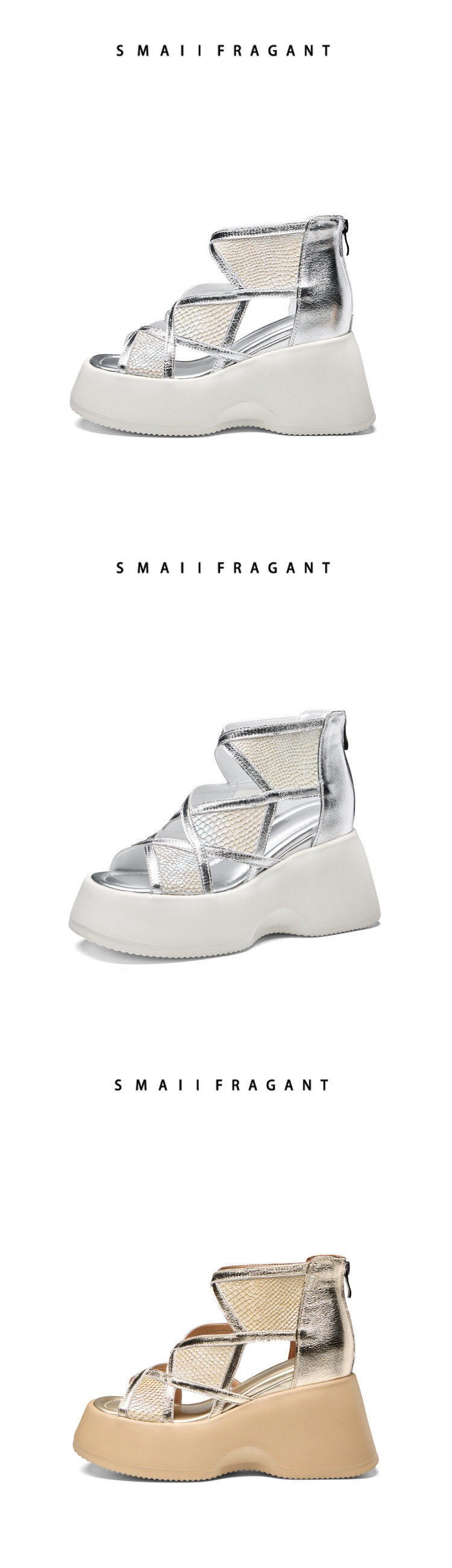 Sandal cao gót nữ hở mũi đế xuồng 10 cm, phong cách đơn giản, tăng chiều cao — [Màu kem], [Màu bạc] chi tiết 8