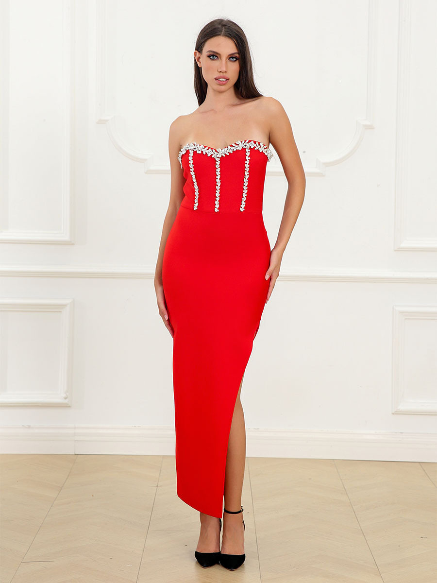 tube top with diamond design, high-waisted mid-length skirt, tight-fitting hip-hugging short-sleeved bandage dress, metal decoration