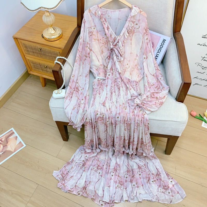 Đầm maxi nữ họa tiết hoa nhí tay bồng thắt eo dáng suông — Xám tím hồng, tặng kèm dây áo